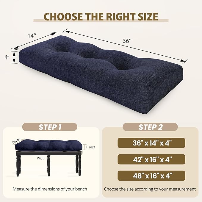 downluxe Indoor Bench Cushion for Indoor Furniture, Non-Slip Tufted Overstuffed Textured Foam Bench Seat Cushion, 36" X 14" X 4", Navy, 1 Pack