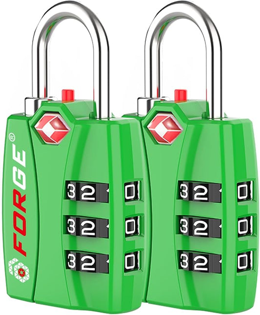 Forge Open Alert TSA Approved Luggage Locks - 3 Digit Combination, Easy Read Dials, Zinc Alloy Body - Ideal Travel Lock for Luggage, Suitcases, Bags & Toolboxes (Green 2 Locks)