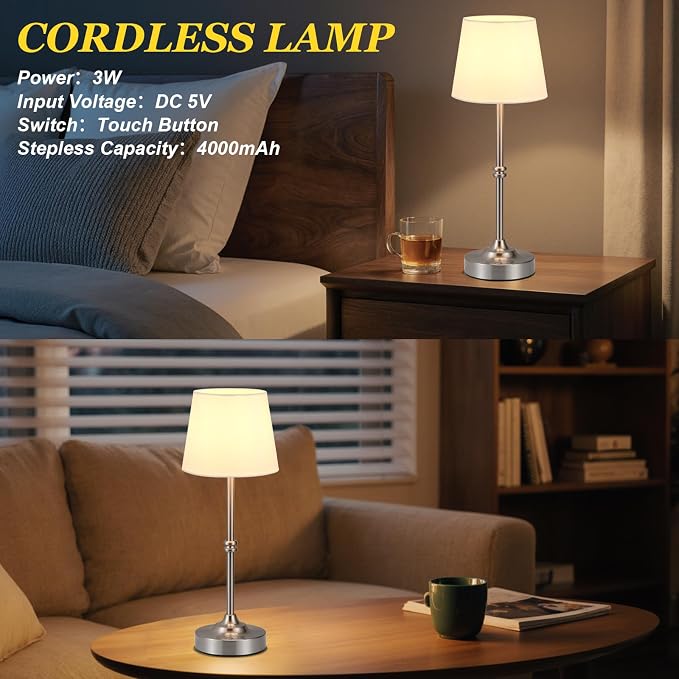 Kakanuo Rechargeable Cordless Table Lamp Silver - 1 Pack 4000mAh Battery Operated Lamp, 3000K Warm Light, Touch Control Stepless Dimming, for Bedside, Dining Table, Home Decor