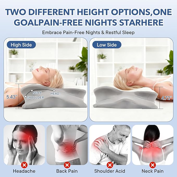 Cervical Pillow for Neck Pain Relief, Ergonomic Memory Foam Pillows for Neck Pain Relief with Ice Silk Pillowcase，Adjustable Contour Neck Support Pillow for Side Back Stomach Sleepers (White)