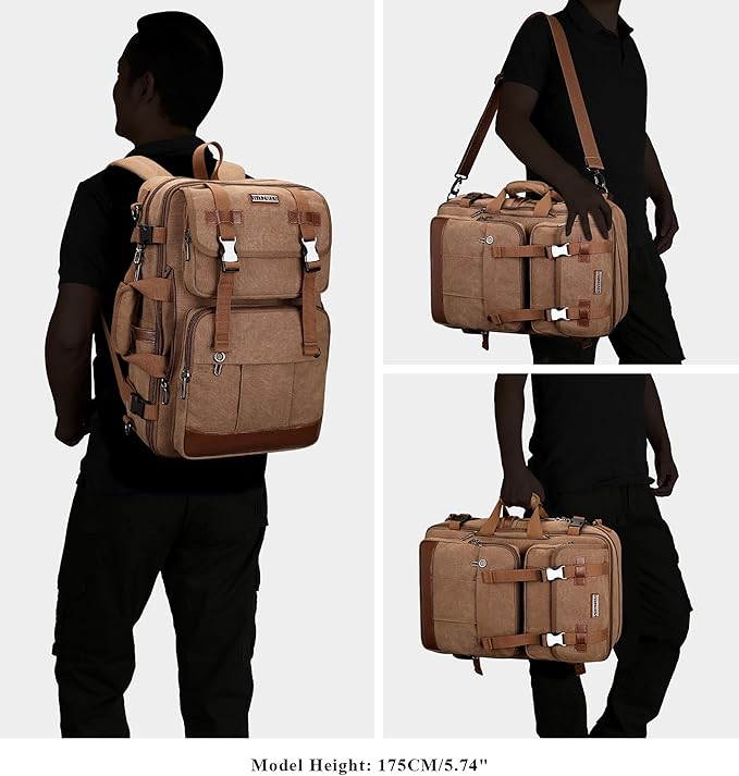 WITZMAN Canvas Travel Backpack for Men Large Laptop Backpack Fit 16 inch Carry-on Airline Approved Convertible Shoulder Rucksack(A6617-3 Brown)