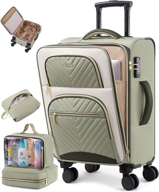 LOVEVOOK Carry on Luggage 22x14x9 Airline Approved, Waterproof Carry on Suitcase with 3 Pouches,Lightweight Softside Underseat Travel Luggage with 360° Spinner Wheels,TSA Lock for Travel Business