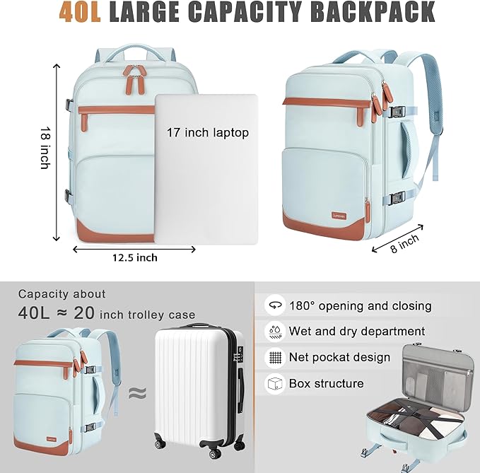 40L Travel Backpack, Water-Resistant Carry On Backpack for Men Women, Business Laptop Backpack for Trips & Commutes, Fits 15.6/17.3 Inch Laptop