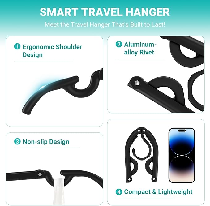 10 pcs Travel Hangers Foldable，Folding for Travtravel Hangerscruise Essentials ， Upgraded Folding Travel， Foldable for Suitcaseeling Travel Hangers (Black)