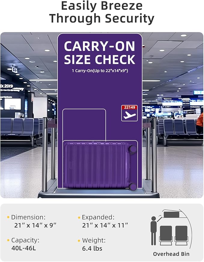 LARVENDER Carry On Luggage 22x14x9 Airline Approved, 20 Inch Expandable PC+ABS Hardside Suitcase Carry On Luggage with Spinner Wheels TSA Lock for Women Men (Purple)