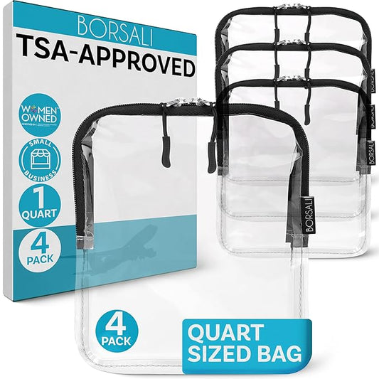 BORSALI TSA Approved Toiletry Bag - Clear Quart Size for 3-1-1 LIquids for Carry On Travel - Toiletries Organizer - Cosmetic Pouch with Zipper - Travel Accessories - 4 Pack