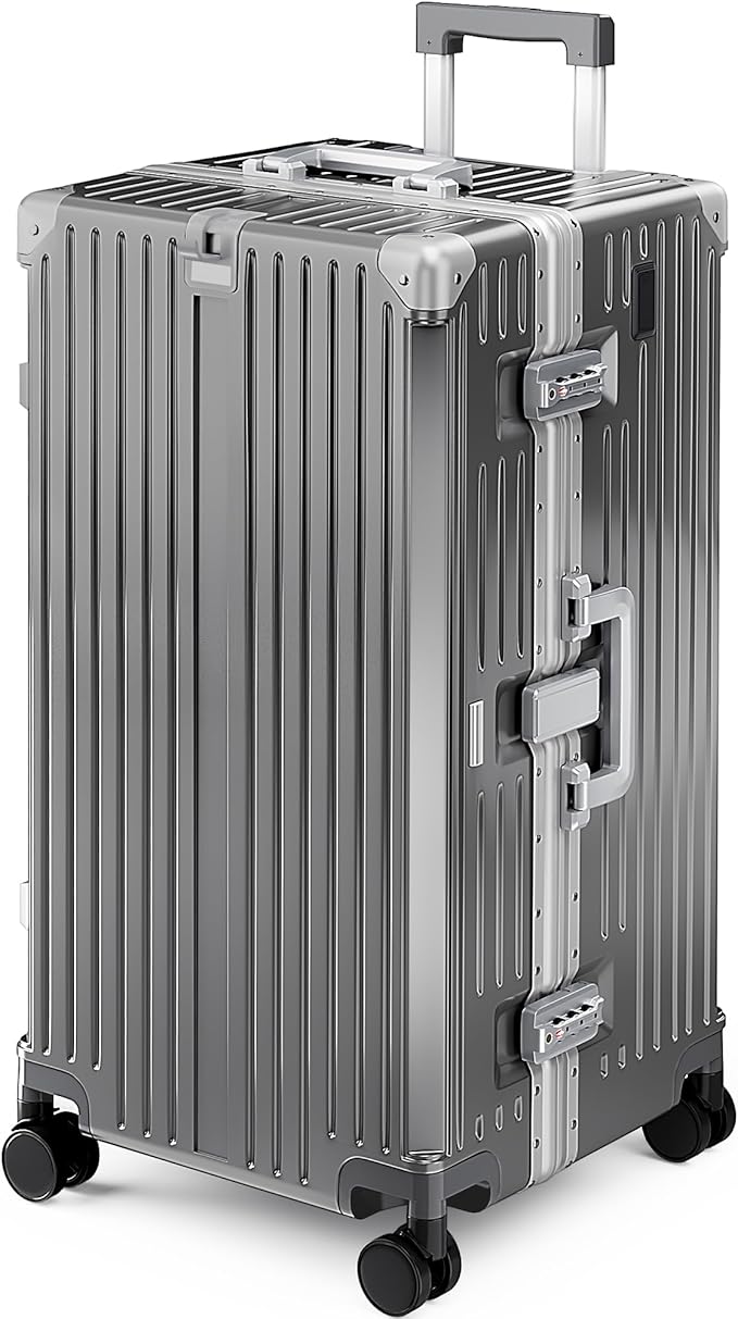 ALPHA CAMP Trunk Luggage, Large 28 Inch Thickened Aluminum Frame Luggage with TSA Spinner Wheels, 3-Layer PC Hardside Zipperless Travel Suitcase, Type-C USB Charging Port, Cup Holder, Grey