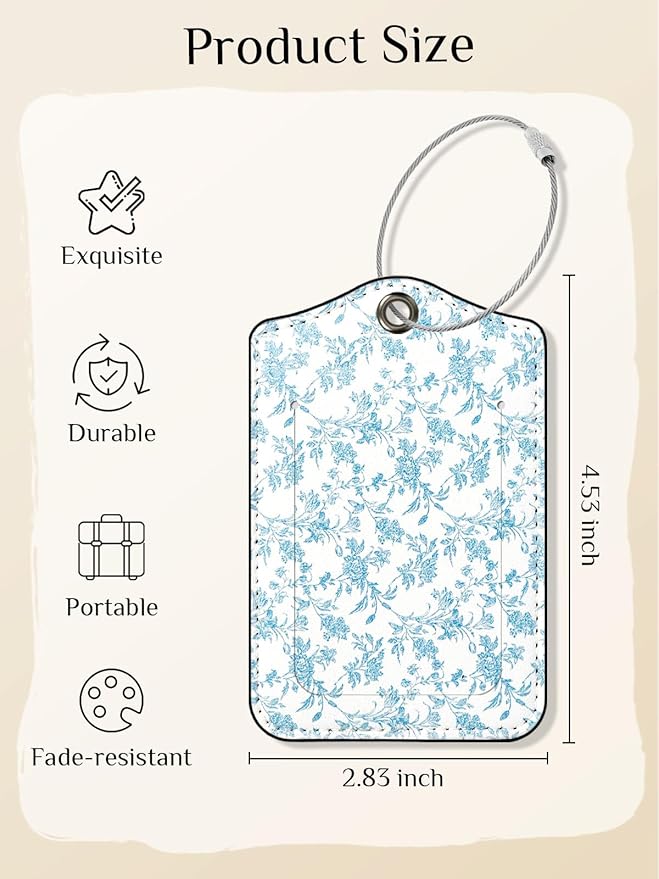 Seorsok 2Pcs Luggage Travel Tags for Suitcases,Elegant Sage Blue Floral PU Leather Name Tag with Privacy Cover&ID Label Address Card and Durable Metal Ring Suitable for Men Women Handbags Backpack