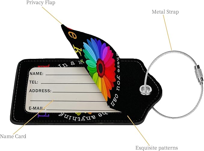 2 Pcs Luggage Tags for Suitcase, Cute Unique PU Leather Travel Bag Tag with Privacy Cover ID Label Address Card and Durable Metal Ring Suitable for Men Women Children Backpack,Sunflower