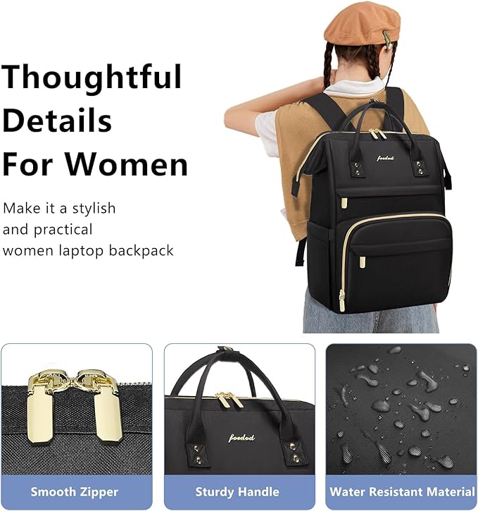 Focdod Women Laptop Backpack Work Bag - Fits 17.3 inch with Laptop Compartment Waterproof Professional Fashion Travel Purse for College Nurse Business Computer Backpack Black