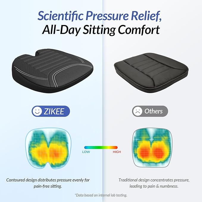 ZIKEE All-Season Car Seat Cushion for Comfortable & Safe Driving, Breathable Seat Cushion for Car with Ventilated Channel & Mesh Cover, Memory Foam for Sciatica, Tailbone & Back Pain Relief, Anti-Slip