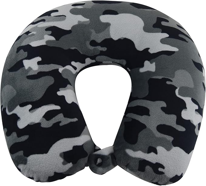 Adult Cozy Soft Microfiber Neck Pillow for Travel – Compact, Machine Washable - Perfect for Airplane, Car, or Home Use - Filled and Finished in The USA – Black Camo