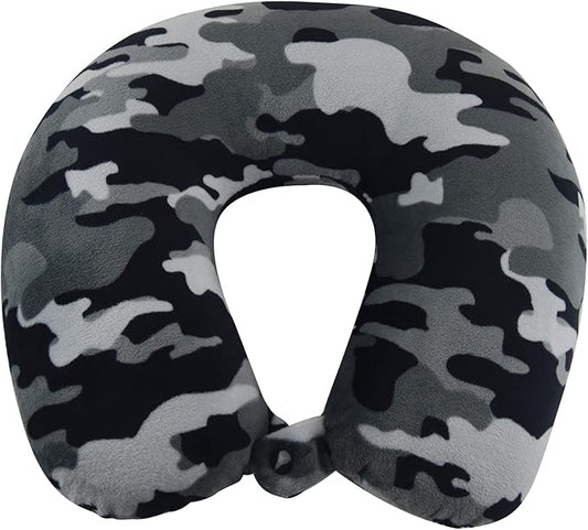 Adult Cozy Soft Microfiber Neck Pillow for Travel – Compact, Machine Washable - Perfect for Airplane, Car, or Home Use - Filled and Finished in The USA – Black Camo