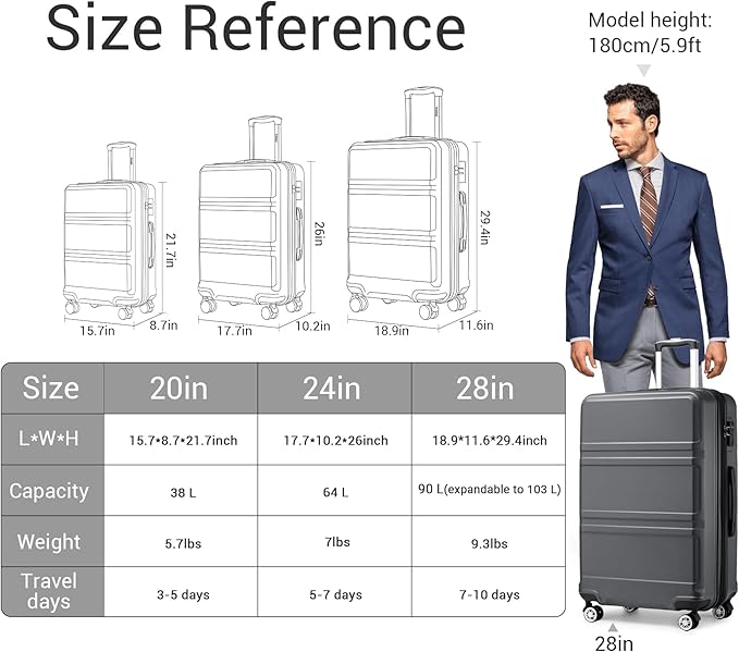 Kono 28 Inch Luggage Expandable Suitcase with Spinner Wheels TSA Lock Lightweight PC+ABS Hardside Large Checked Luggage Durable Rolling Suitcase Grey