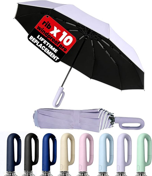 SIEPASA Travel Umbrella with Carabiner Handle - Windproof 10 Ribs Auto Open/Close for Rain & Sun Protection, Compact Portable Clip-on Backpack Design with Safety Reflective Strip.