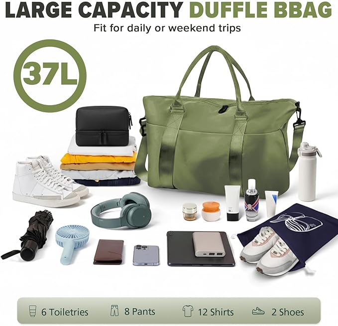 Travel Duffle Bag, Weekender Travel Bag Men Small Gym Bag for Women, Hospital Bag for Labor and Delivery, Overnight Bag Luggage Bag with Trolley Sleeve, Airplane Travel Essentials for Flying(Green)