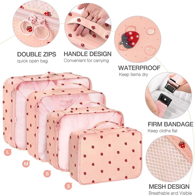 8 Set Packing Cubes for Suitcases,Packing Cube with Shoe, Cosmetics, Clothing, and Accessories Bags Packing Cubes for Travel Luggage Organizer Women Men(Pink Small Strawberry)