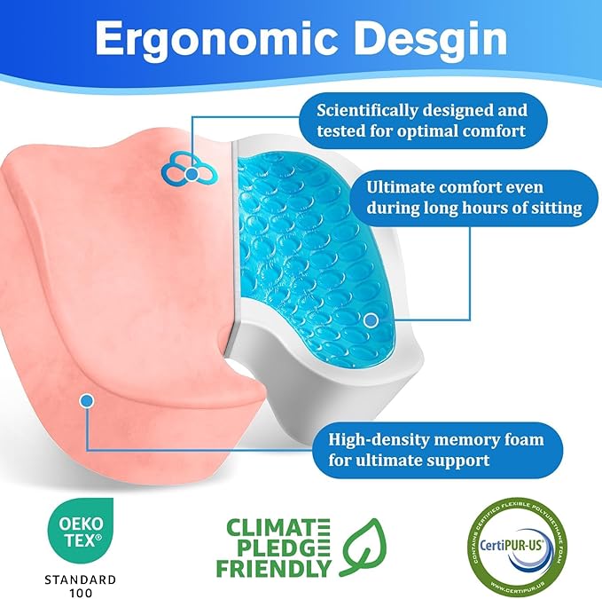 Seat Cushion, Chair Cushions, Office Chair Cushions, Anti-Slip Bottom & Removable Cover Tailbone Pain Relief Cushion, Memory Foam Seat Cushion, 5.28 in Thick (Pink)