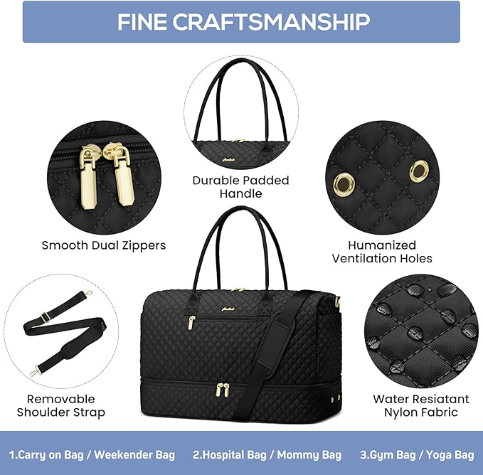 Travel Weekender Duffle Bags for Women - Large Carry On Bag with Shoe Compartment Overnight Bag with Toiletry Bag Duffel Bags with Wet Pocket for Gym Hospital Bags for Labor and Delivery Black