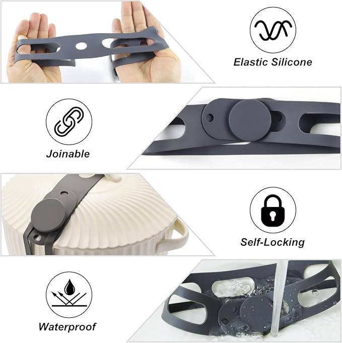 3-Pack Reusable Silicone Latch Strap, Secures Slow Cooker Lid, Pot, Bento Box, 21in Durable Elastic Self-Lock Tie for Organizing&Bundling Cords, Curtain, Yoga Mat (Gray&Gray&Gray)