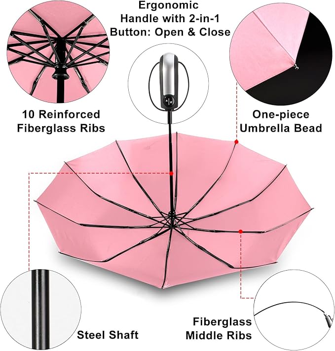 TradMall Travel Umbrella Windproof with 46 Inches Large Canopy 10 Reinforced Fiberglass Ribs Ergonomic Handle Auto Open & Close, Pink