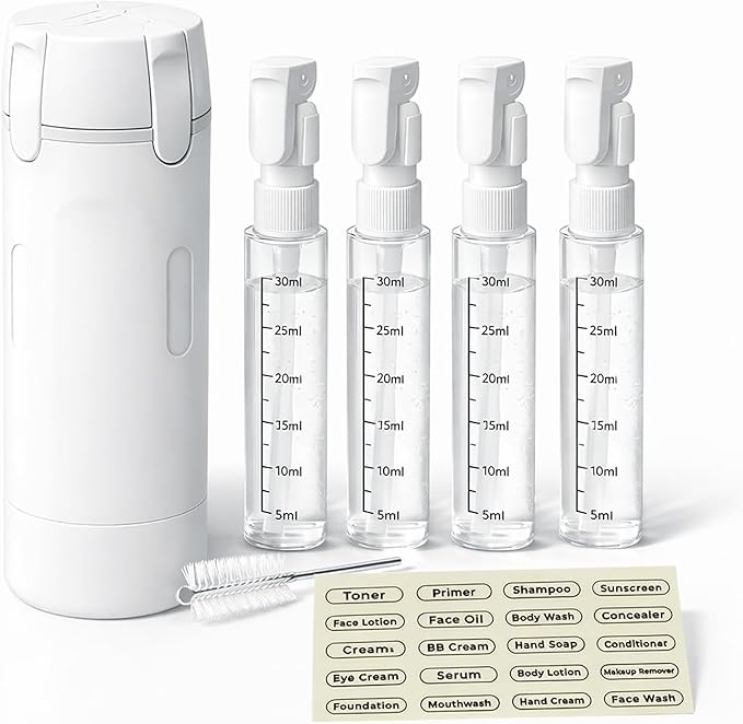 4-in-1 Travel Bottles for Toiletries, Travel Pump Bottle，Leak-Proof Shampoo Conditioner Lotion Dispenser with Pump, Compact No-Spill Toiletry Containers for Travel & Business Trips (White)