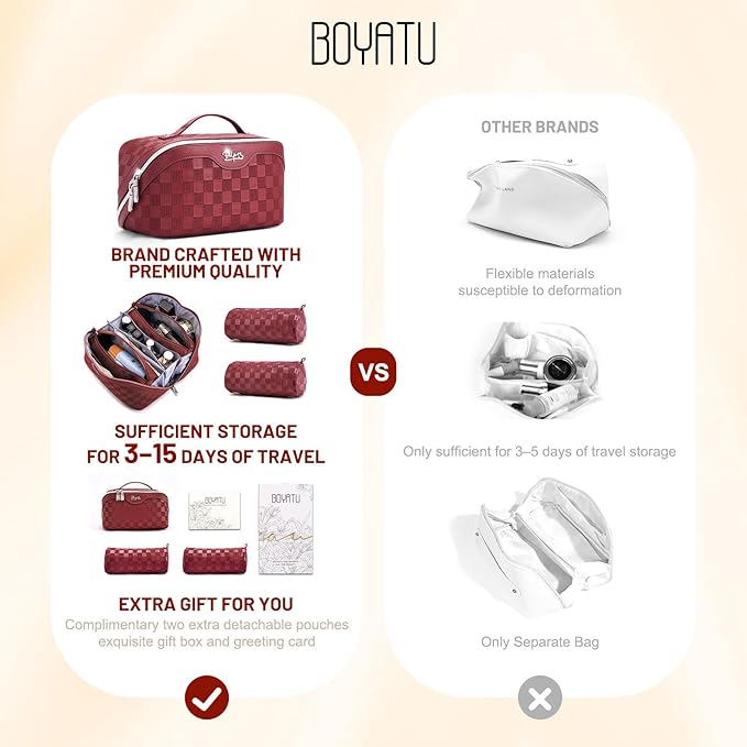BOYATU Travel Makeup Bag Organizer: 3 Pcs Set Large Capacity Cosmetic Bags Holds 10–20 100ml Full-Size Bottles - 180°Open-Flat Make up Case 3-sec touch-up - Toiletry Bag Gift women (03-A-Red)