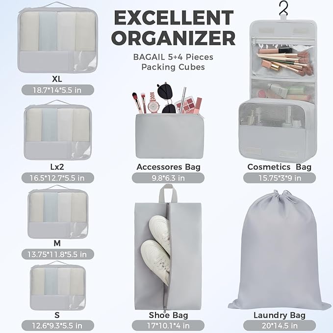 BAGAIL 9 Set Packing Cubes with Packing List Luggage Packing Organizers for Travel Accessories
