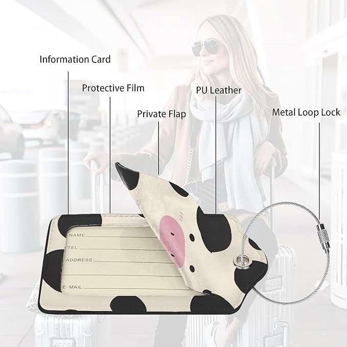 2 Pack Luggage Tags for suitcases Cow TSA Approved Label Luggage Tag Baggage Tag Leather Stainless Steel Loop Label Tag for Men Women Travel Bag Suitcase
