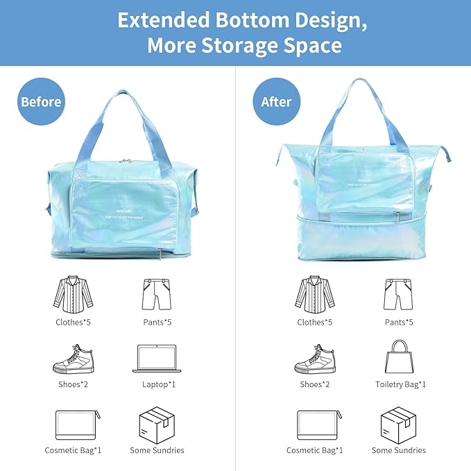 IwIeIaIrI Weekender Overnight Bags for Women Men,Waterproof Lightweight Foldable Gym Duffel Dance Bag for Girls Kids Women Weekend Travel with Laser Color (Blue)