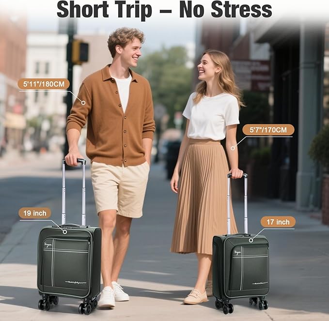 Softside Carry on Luggage Airline Approved, 17 Inch Underseat Carry-on Luggage with Removable Spinner Wheels, Small Personal Item Suitcase for Travel Business (Green, 17 inch_Underseat)