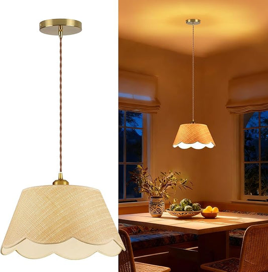 13" Gold Rattan Pendant Light, Modern Farmhouse Hanging Lamp with Scalloped Drum Shade, Vintage Coastal Boho Lighting Fixture for Kitchen Island, Dining Room, Bedroom, Living Room, Foyer