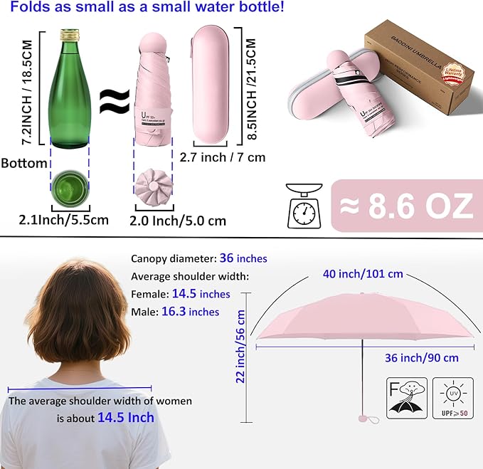BAODINI Travel Essentials Mini Umbrella for Purse With Case Small Compact UV Sun Protection Lightweight Tiny Pocket Manual Open Close Umbrella for Women Kids and Men Fits Purse Backpack