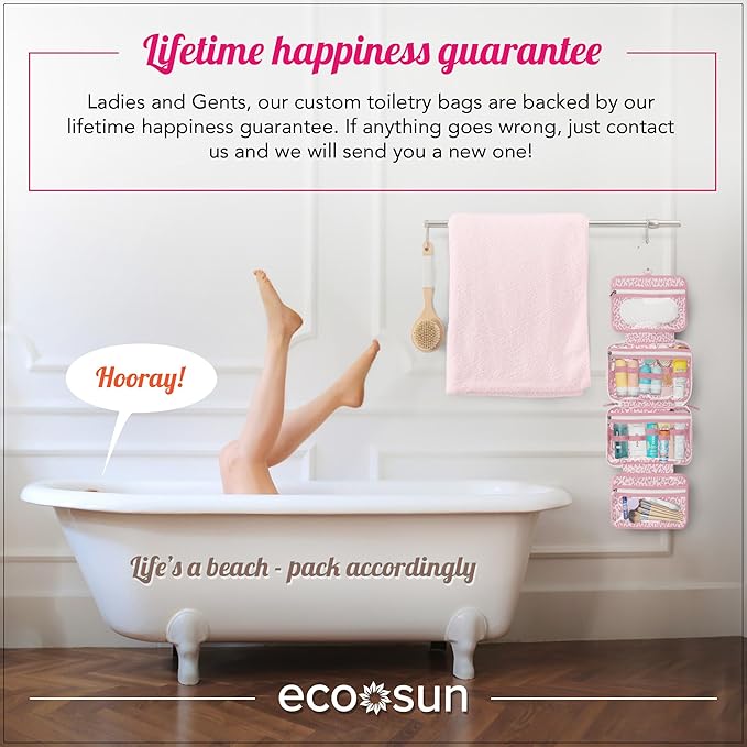 Eco Sun Hanging Travel Toiletry Bag — Designed in Hawaii — Water-resistant Travel Organizer for Bathroom Accessories (Pink Leopard)