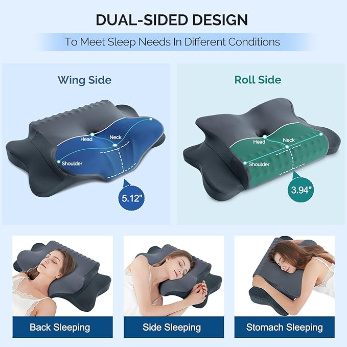 Cervical Pillow for Neck Pain Relief - Cooling Ergonomic Dual-Sided Orthopedic Neck Pillow with Ice Silk Pillowcase, Breathable Memory Foam Contour Pillow for Side, Back, Stomach Sleepers