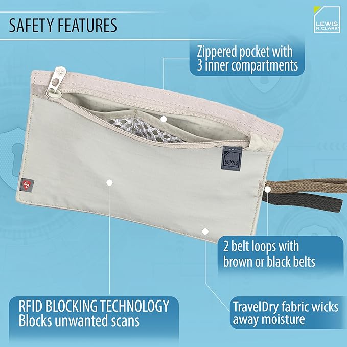 Lewis N. Clark RFID Blocking Money Belt Travel Pouch + Credit Card, ID, Passport Holder for Women & Men, Tan, One Size