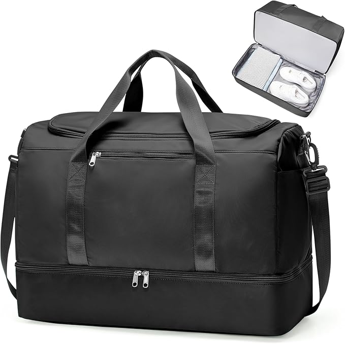 Large Travel Duffle Bag,Carry on Overnight Weekend Bag with Shoes Compartment,Weekender Bags for Women for Travel Business Trips Sport Hospital,Black