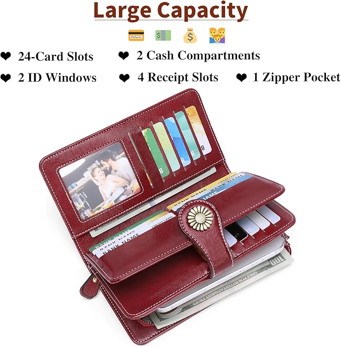 SENDEFN Wallets for Women Leather Credit Card Holder with RFID Blocking Large Capacity Wristlet | with RFID Blocking, Large Capacity, Wristlet, with RFID Blocking, Large Capacity, Wristlet