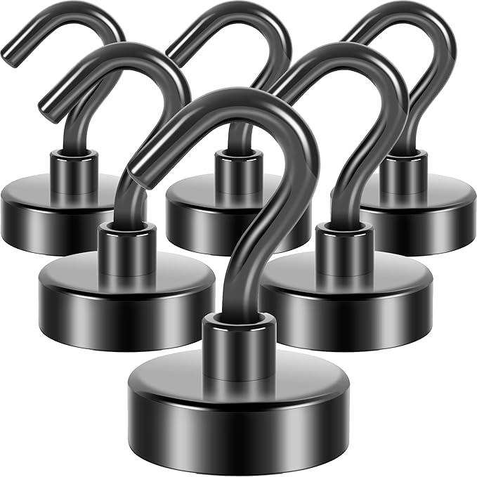 Neosmuk Magnetic Hooks,Heavy Duty Earth Magnets with Hook for Refrigerator, Extra Strong Cruise Hook for Hanging, Magnetic Hanger for Cabins, Grill (Grey, 6 Pack)