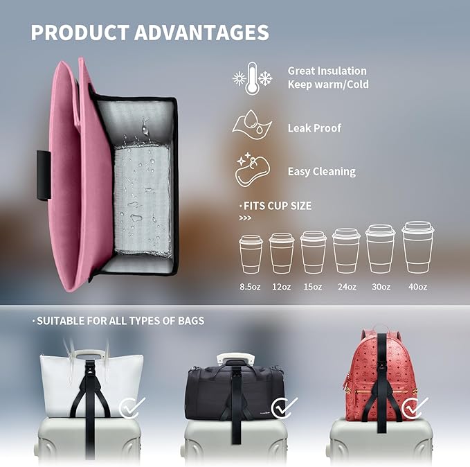 Travel Luggage Cup Holder, Liveagain Drink Caddy, Luggage Cup Holder Attachment, Free Hand Suitcase Drink Carrier for Drinks Beverages, Coffee, Bottles, Snack (Pink)