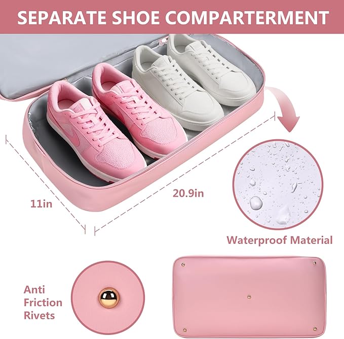Weekender Bag for Women Men, Large Overnight Bag Faux Leather Travel Duffel Bag with Shoe Compartment Toiletry Packing Cube Carry On Bag Fit 21" Laptop 3Pcs Set (4PCS Pink)