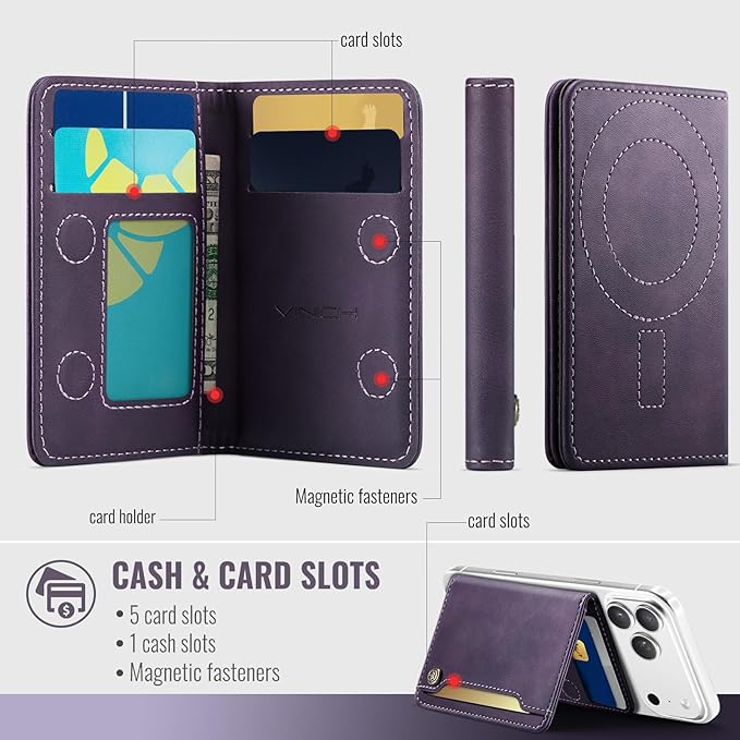 Vinich for MagSafe Wallet Magnetic RFID Blocking Card Holder Compatible with MagSafe Phones and Cases, Strong Magnet Minimalist Phone Wallet for iPhone 17/16/15/14/13/12/ Pro/Max/Plus, Vintage Purple