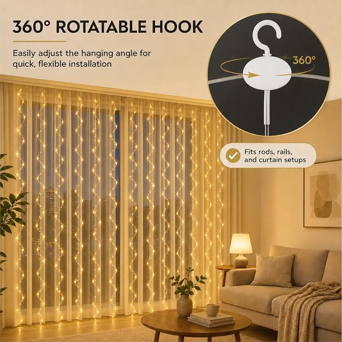 ZSJWL 300 LED Curtain Fairy Lights with Remote, 9.8 × 9.8 Ft, USB Plug in | 8 Modes, Waterproof, Twinkle Silver Wire, String Lights for Bedroom, Windows, Christmas, Wedding and Party Decor, Warm White