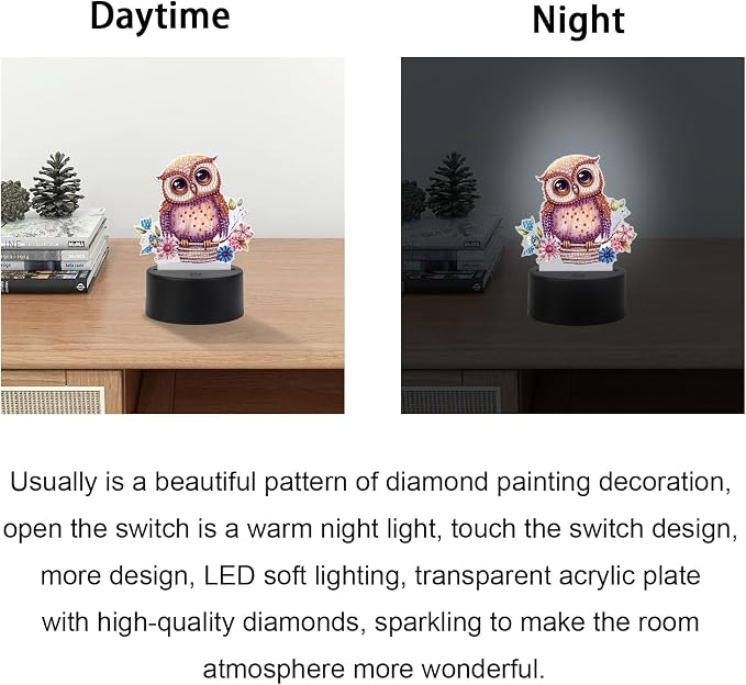JISHSHAY Diamond Painting Night Light Diamond Art Table Lamps Gem Art LED Lights Gem Painting Desk Lamp Mosaic Kits for Adults DIY Kits for Adults Paint by Numbers, with Special Shaped Crystal, Owl