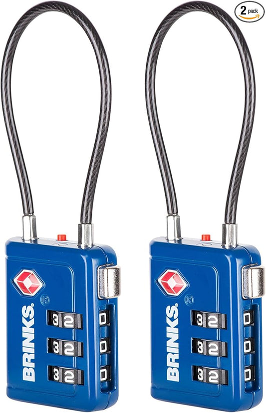Brinks TSA Accepted Indicator Luggage Lock, Blue - Resettable 3-Dial Combination, 2.5 inch Long Cable Shackle, New More Secure TSA008 Key, 2 Pack