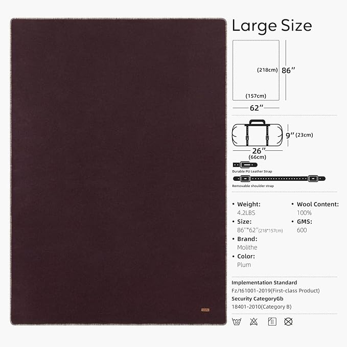 100% Wool Blanket, 62" x 86", Warm, Thick, Washable, Military Wool Blanket, Great for Camping, Outdoors, Sporting Events, Survival Kits, Plum