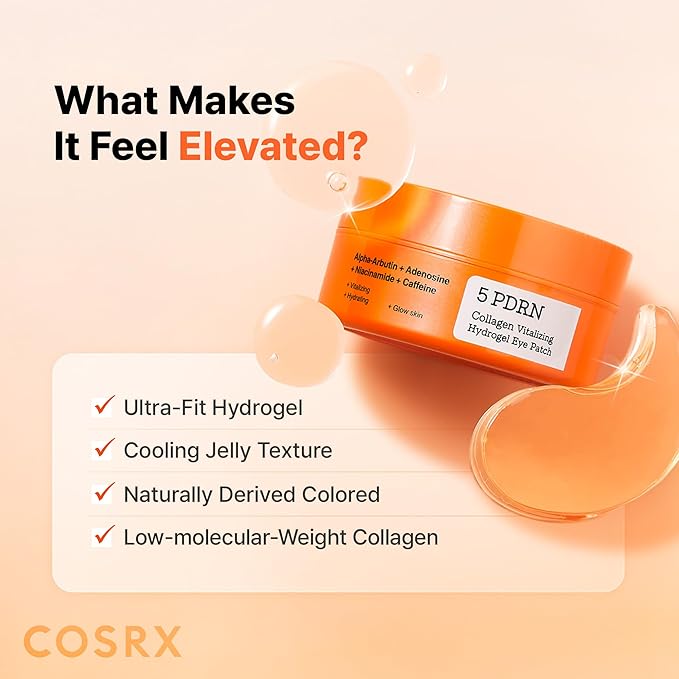 COSRX 5-PDRN Complex Collagen Gel Eye Patches for the look of Dark Circles and Uneven tone, Radiance Care for Tired Under-Eyes with Salmon DNA & Vitamin C, Korean Skincare, 60 Under Eye Patches