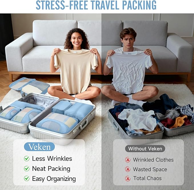 Veken 8 Set Packing Cubes for Travel Essentials, Suitcase Organizer Bags in 4 Sizes, Carry-On Luggage Accessories with Large Laundry & Hanging Toiletry Bag, Must-Have for Airplane, Road Trip & Camping