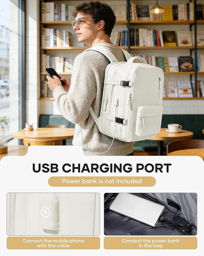 VECAVE Vacuum Backpack Travel with Pump, Expandable Personal Item Carry on Backpacks for Women Men, Laptop Waterproof Work Compression bags with USB Casual Daypack Beige