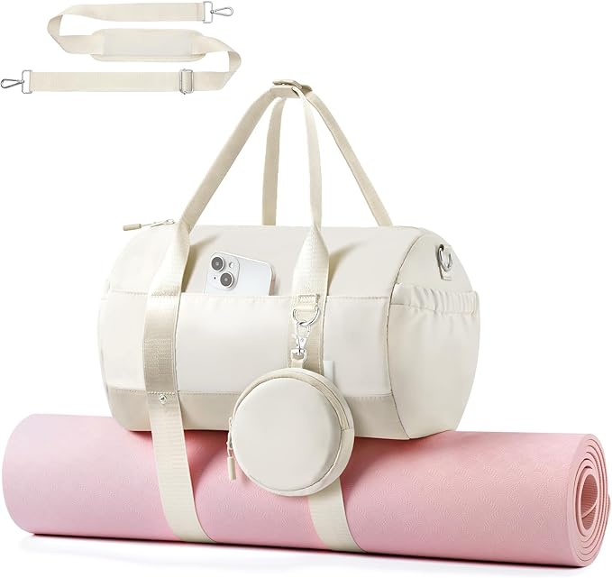 TOPEAST Small Gym Bag for Women with Yoga Mat Holder, Small Sports Duffle Bag Mini Gym Tote Bag with Water Bottle Pocket & Coin Purse for Weekender Travel Dance Workout, Beige